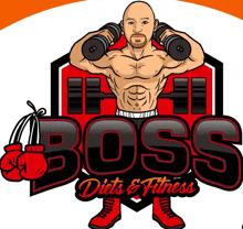 a logo for boss diets and fitness shows a man holding a pair of boxing gloves