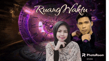 a man and a woman are standing in front of a clock with the words ruang waktu written on it