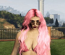 a woman with pink hair is wearing sunglasses and a pink bikini top