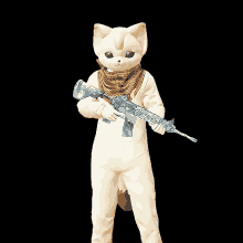 a cat mascot holding a gun with a scarf around his neck