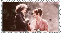 a man and a woman are looking at each other with a postage stamp in the background