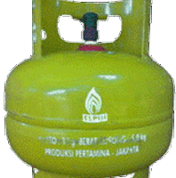 a yellow gas cylinder has the word pertamina on it