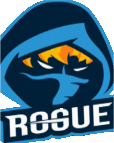 a logo for rogue with a blue hooded figure