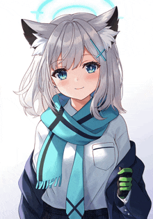 a drawing of a girl with white hair and a scarf that says ' uen ' on it