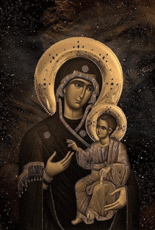 a painting of a woman holding a child with a starry background