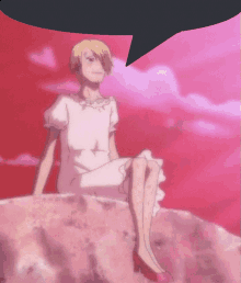 a woman in a white dress is sitting on a rock with a speech bubble above her head