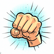 a cartoon drawing of a fist with a blue circle background