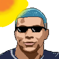 a pixel art drawing of a man wearing sunglasses and blue hair