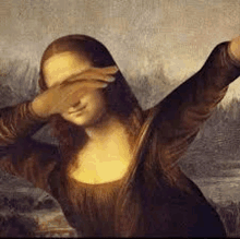 mona lisa is covering her eyes with her hands in a painting .