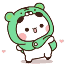 a cartoon panda bear wearing a green frog costume