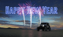 a jeep is in the desert with fireworks in the background and the words happy new year