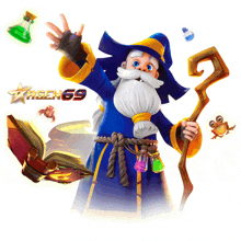 a cartoon of a wizard holding a cane and a book with a logo for agen 69 behind him