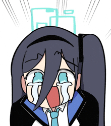 a cartoon drawing of a girl with long black hair and a blue tie crying