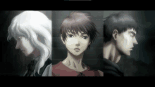 three anime characters are standing next to each other in a dark room