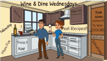 a cartoon of a man and woman standing in a kitchen with the words wine & dine wednesdays