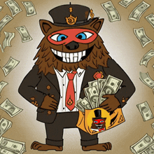 a cartoon of a man in a suit and tie holding a bag full of money