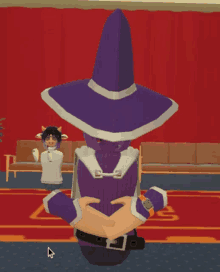 a cartoon character with a purple hat and a white sweater