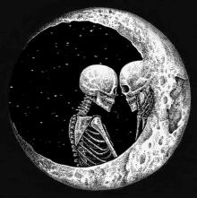 a black and white drawing of two skeletons kissing on a crescent moon