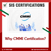 an advertisement for cmmi certification with a group of people sitting around a laptop