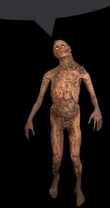 a 3d rendering of a zombie without a shirt is standing in the dark .