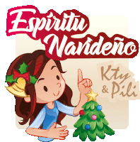 an illustration of a girl decorating a christmas tree with the words espiritu navideno written above her