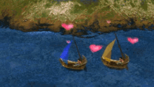 two boats with hearts hanging from the sails