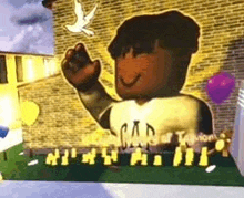 a cartoon character is waving his hand in front of a brick wall and balloons .