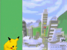 a pixelated image of a yellow pikachu standing next to a green wall