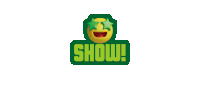 a green sticker with a smiling face and the word show