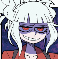 a drawing of a girl with white hair and red eyes making a funny face