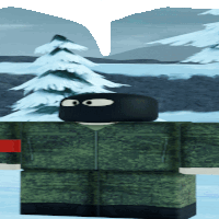 a cartoon character wearing a black mask stands in front of a snowy forest