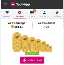 a screenshot of a wowapp app showing a stack of gold coins