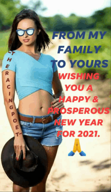 a woman in a crop top and shorts is wishing you a happy and prosperous new year for 2021