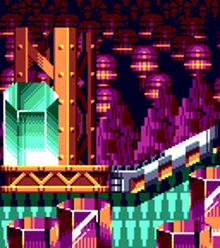 a pixel art of a bridge with a purple background and a green object in the middle