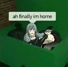 a picture of a girl in a dumpster with a speech bubble that says " ah finally im home "