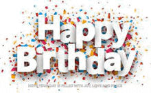 the word happy birthday is surrounded by colorful confetti on a white background .