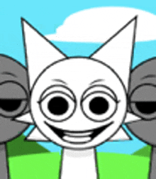 a cartoon cat is smiling while standing next to two gray cats .