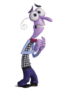 a cartoon character from inside out is wearing a sweater and bow tie and looking scared .