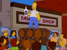 a cartoon of homer simpson standing on a pile of barrels holding a bottle of vodka