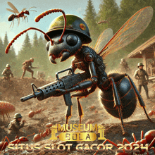 a giant ant wearing a helmet and holding a gun is surrounded by soldiers