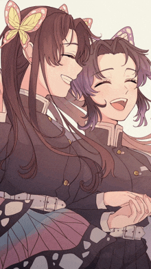 two anime girls with butterfly ears are smiling and laughing