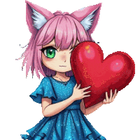 a little girl with pink hair and cat ears is holding a red heart .