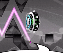 a video game with a purple arrow pointing to a circle with the letter e on it