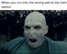 voldemort from harry potter is screaming in front of a crowd of people at a train station .