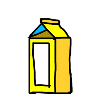 a cartoon drawing of a yellow milk carton with a white label