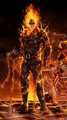 a ghost rider is standing next to a motorcycle with chains around his neck .