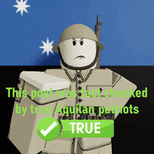 a cartoon soldier with a check mark next to a true button