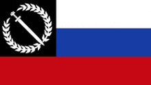 the flag of the russian federation has a sword in a laurel wreath on it .