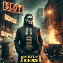 a man with a skull on his face is in front of a slot sign