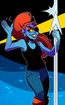 a cartoon drawing of a woman with red hair and blue arms holding an arrow